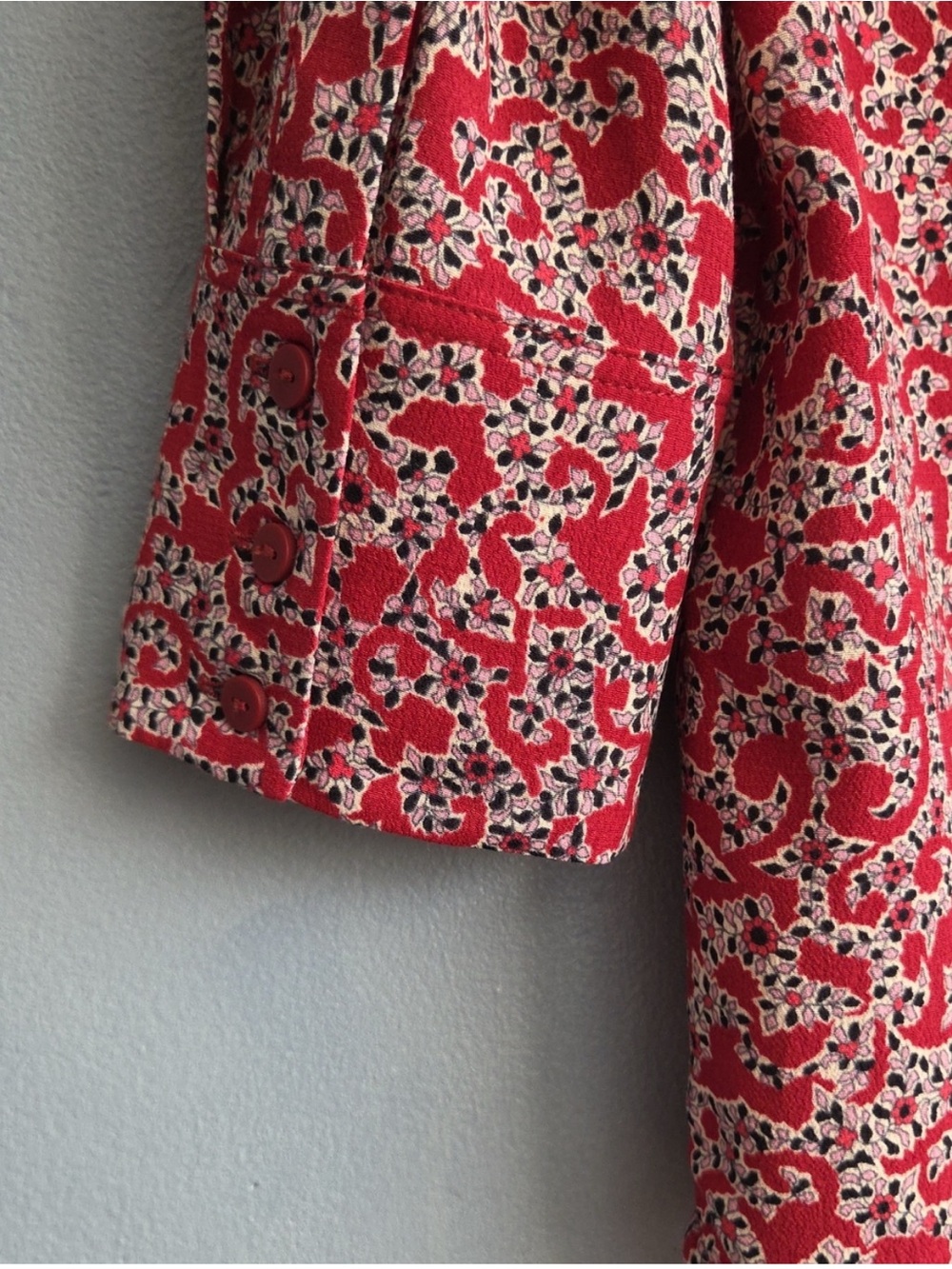 BA&SH CATTY THREE-QUARTER SLEEVE RED, PINK BLACK, CREAM PRINT FLORAL SHIRT, US 4 - Picture 4 of 7